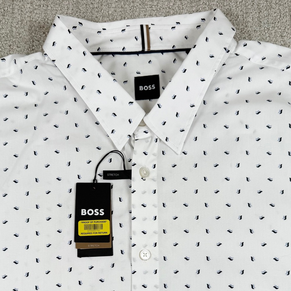 NEW Hugo Boss Mens 5XL White Geometric AOP Stretch Short Sleeve Button Up Shirt